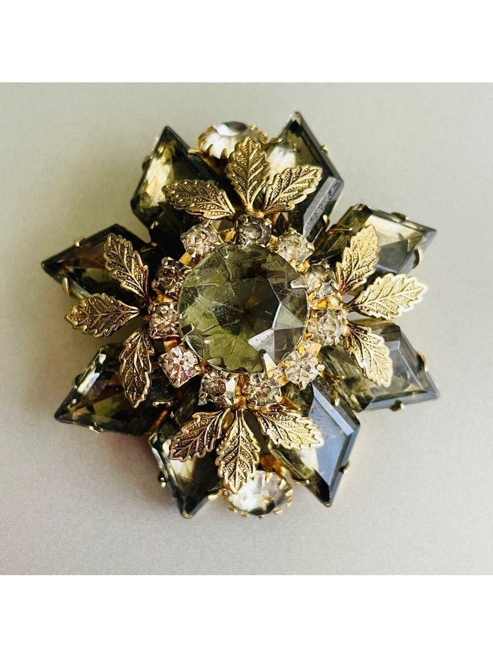 Fabulous Vintage Smoky & Clear Rhinestone Crystal Leaf Large 2” Brooch /…